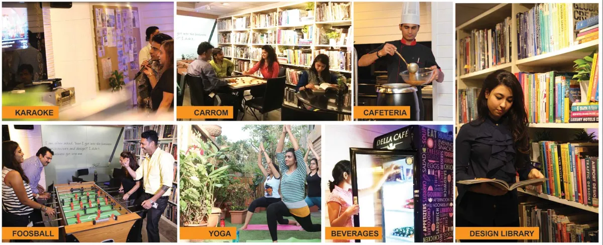Office amenities at Della: cafe, library and recreation space